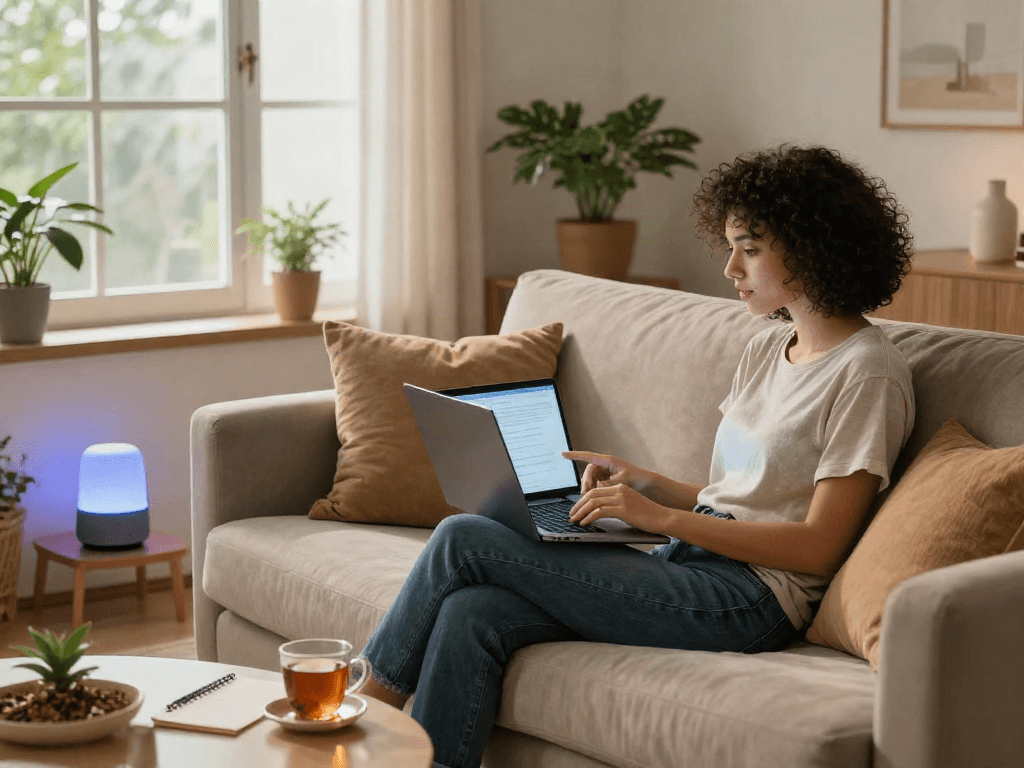Engaging in a sex ai chat on a laptop in a cozy living room.