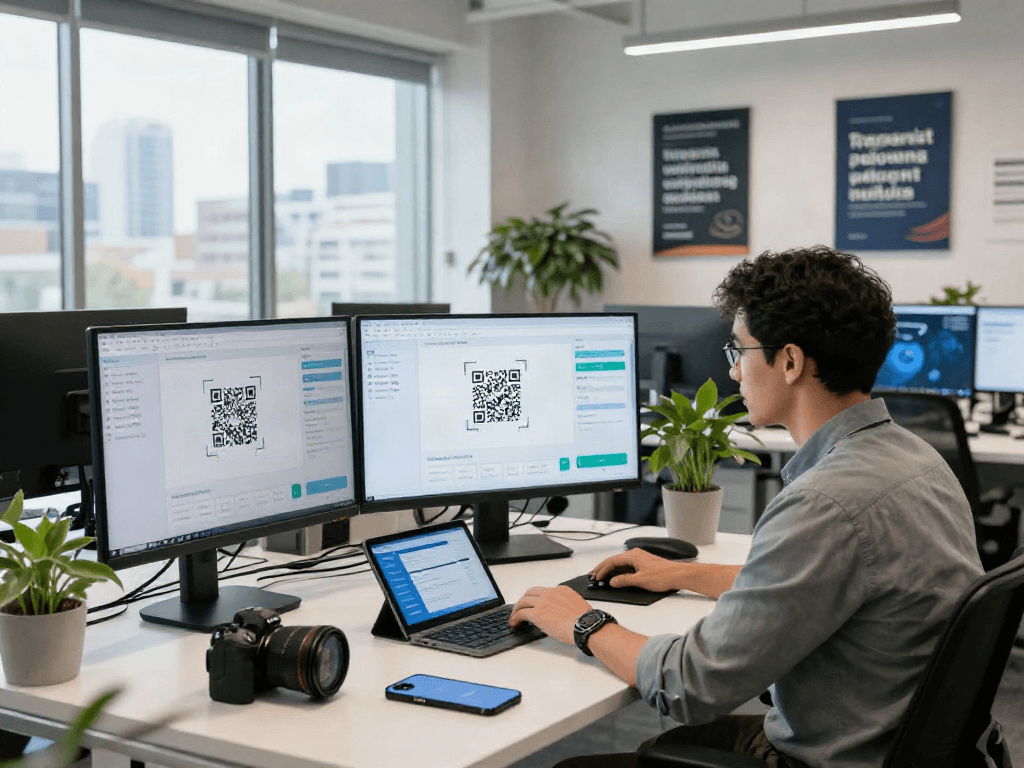 Professional analyzing slot qris transactions in a modern fintech office.
