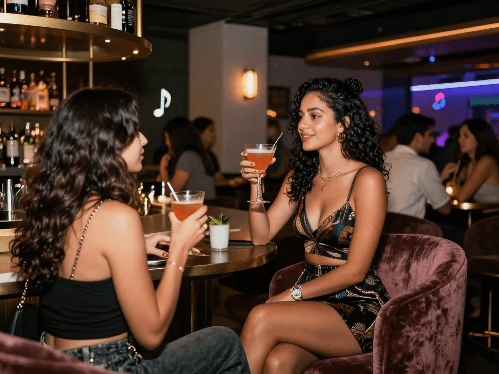 Gái gọi tạo không khí sôi động tại quán bar sang trọng, tương tác với khách hàng trong không gian ánh sáng êm dịu.