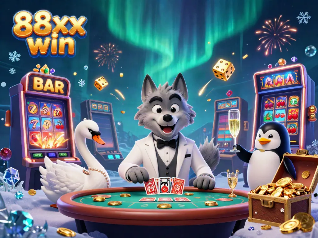 Experience the excitement of 88xx win with a lavish casino scene featuring a wolf, swan, and penguin celebrating a jackpot.