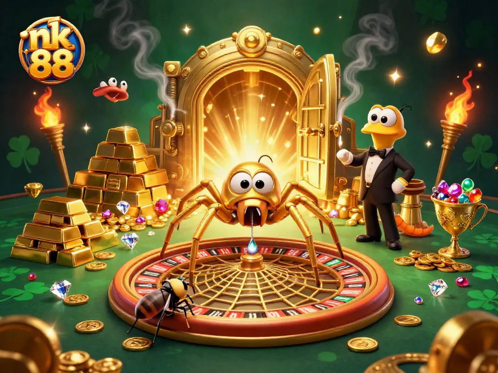 Engage in the thrilling world of nk 88 with a golden roulette web, spider, croupier, and treasure around.