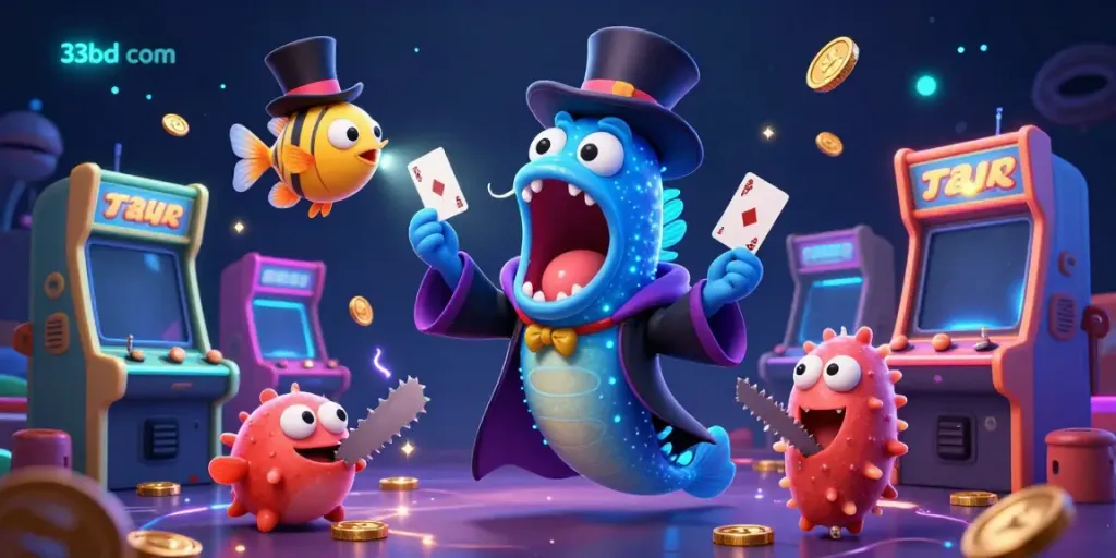 Experience the vibrant action of 33bd com as a magical eel performs casino tricks amidst slot games and arcade machines.