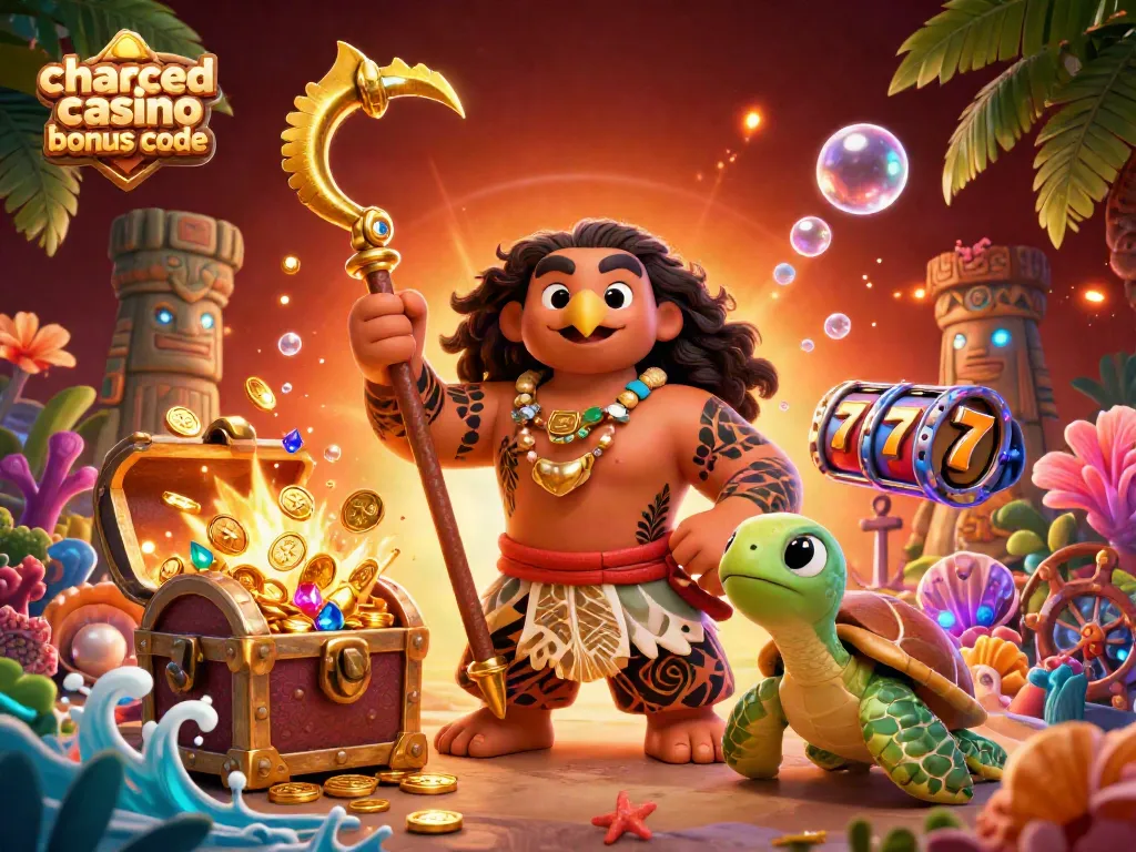 Experience the thrill of Chanced Casino bonus code with vibrant 3D illustration featuring slot reels and a whimsical demigod.