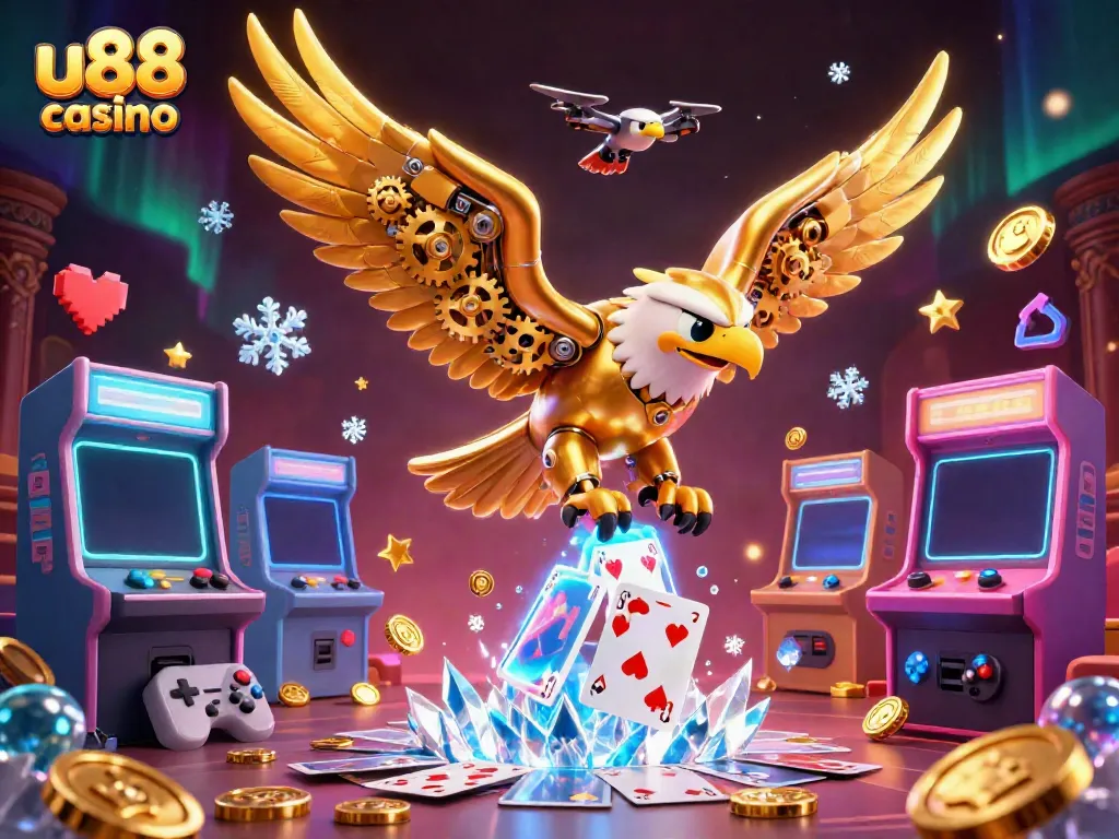 Experience dynamic gaming action with u88 casino's thrilling 3D illustration featuring a golden eagle and arcade elements.