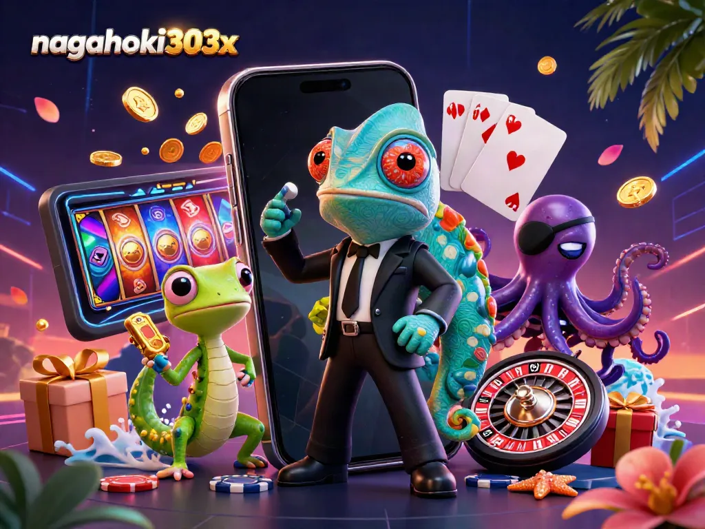 Gambarkan keseruan permainan judi di nagahoki303x dengan chameleon, gecko, dan gurita di dalam suasana meriah.