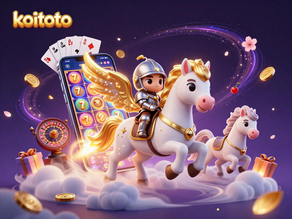 Koitoto menghadirkan suasana bermain slot yang menyenangkan dengan kuda bersayap menggampar di atas awan dan smartphone dengan permainan slot berwarna-warni.