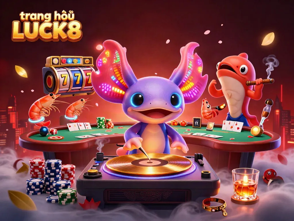 Experience vibrant gameplay at trang chủ LUCK8 with exciting slot reels, illuminated characters, and dynamic casino atmosphere.