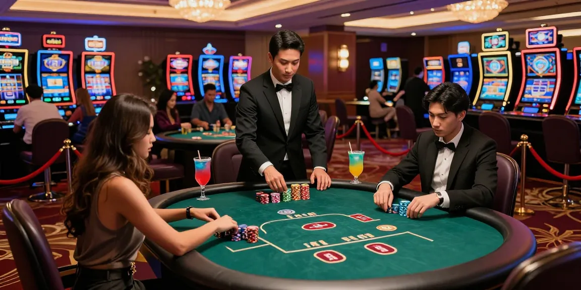 Couple enjoying situs toto poker game in a lively casino atmosphere.