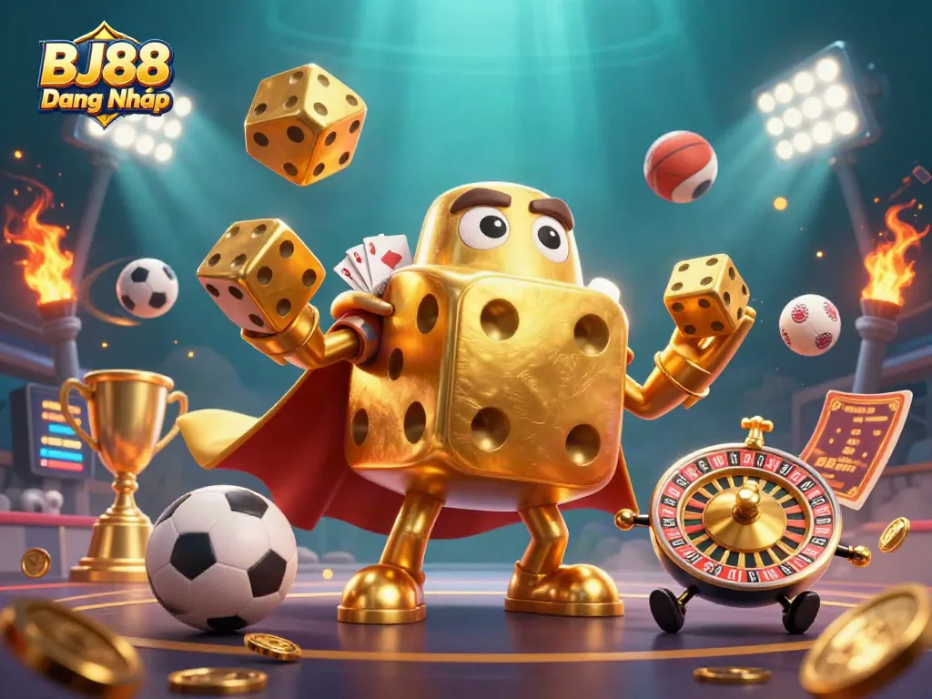 Engage with BJ88 Đăng Nhập in a vibrant, dynamic casino illustration filled with gaming elements and thrill.