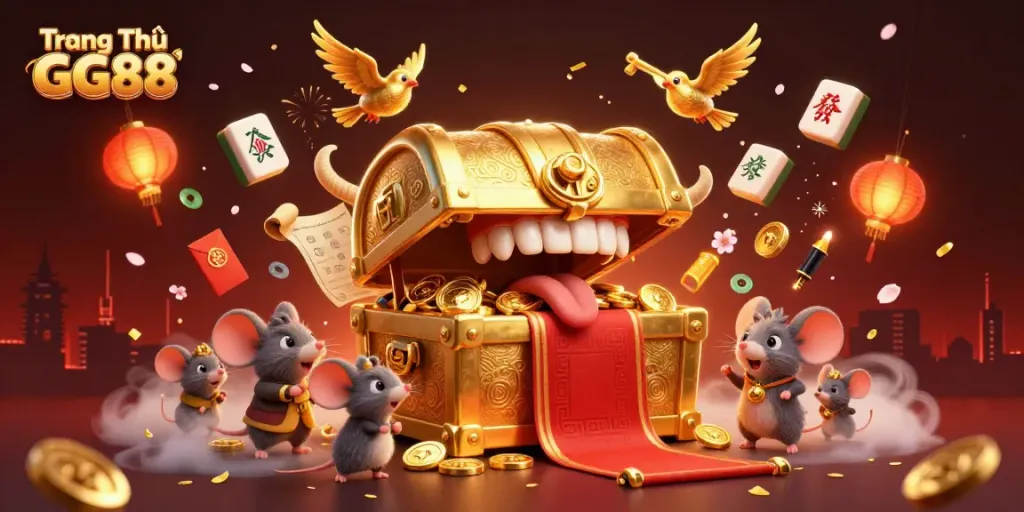 Engage at Trang Chủ GG88 with a lively 3D casino scene featuring a treasure chest and lucky elements