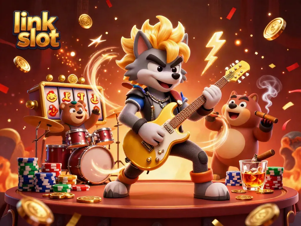 Experience the thrill of link slot gaming with vibrant characters, colorful chips, and exciting symbols in a dynamic casino scene.
