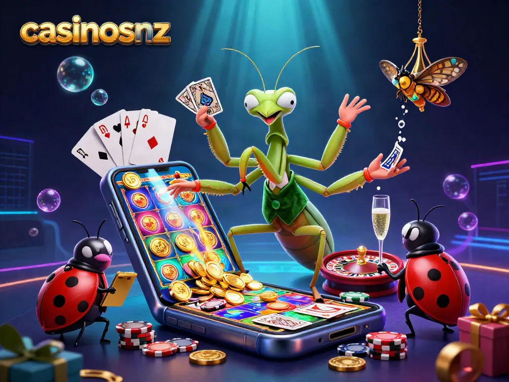 Experience casinosnz with a thrilling scene of a giant praying mantis card sharp and vibrant casino elements in 3D.