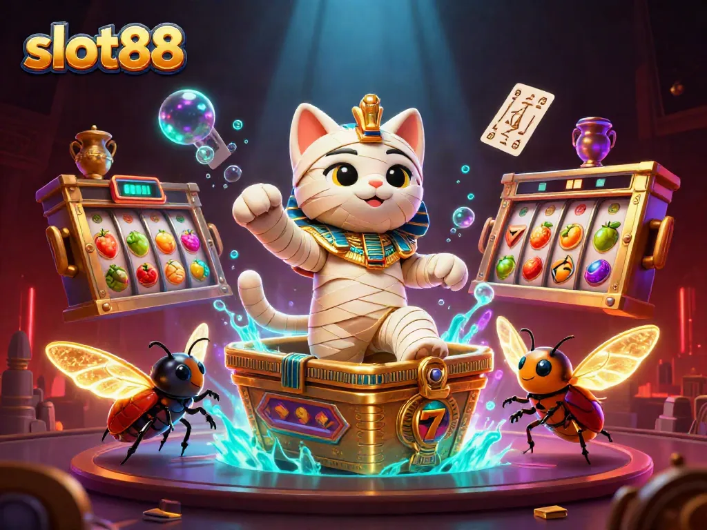 Kucing mumi slot88 dari kasino piramid meluncurkan putaran menang yang berwarna-warni dengan simbol buah dan jackpot.