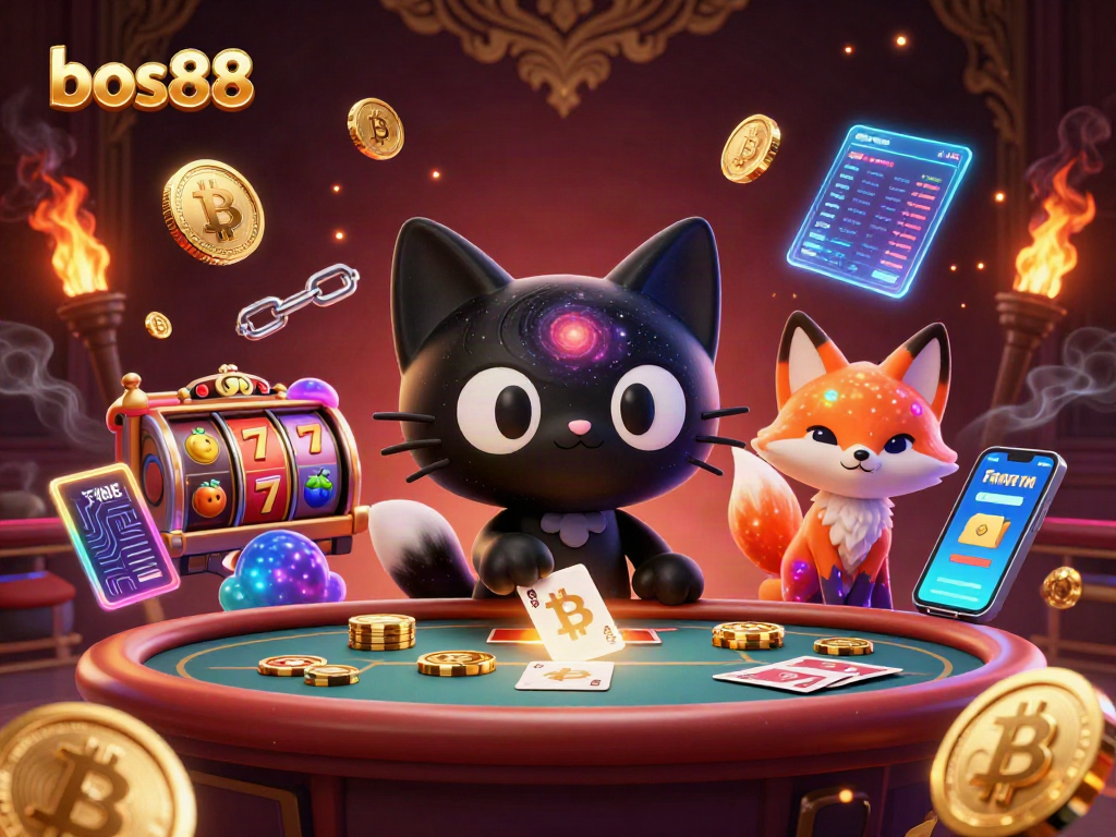 bos88 menarik chip emas dan kartu di meja kasino galaksi dengan elemen slot terpadu.