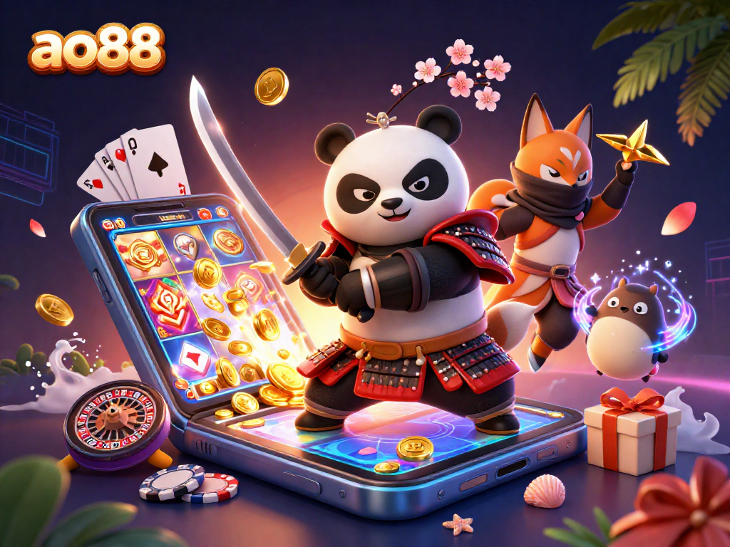 Engage with ao88's vibrant gaming scene featuring dynamic characters and exciting casino elements.