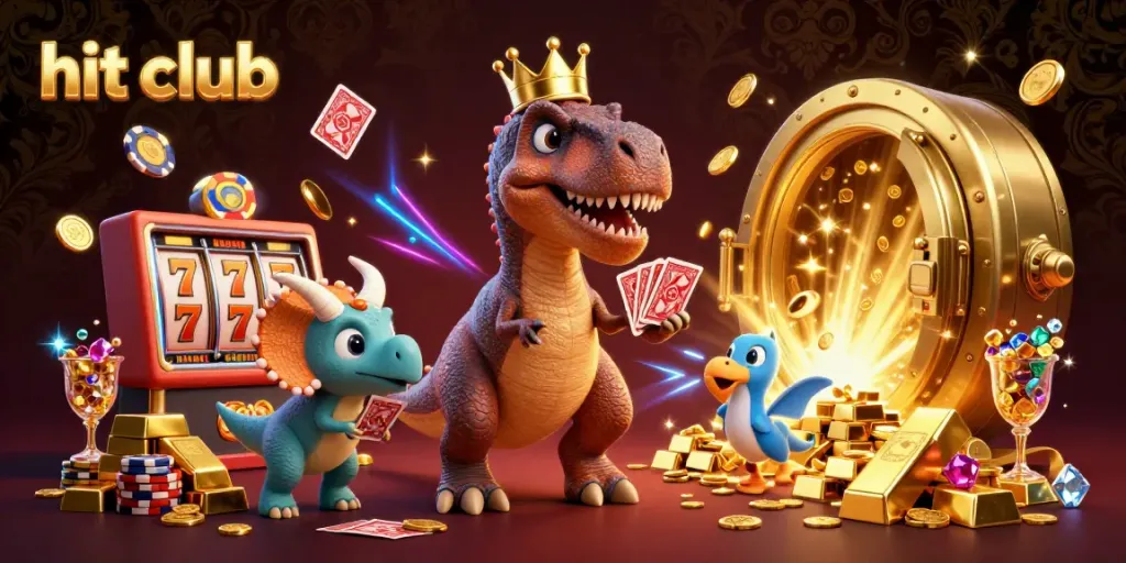 Vibrant hit club scene with friendly dinosaurs in a casino, rich with gold and exciting gaming elements.