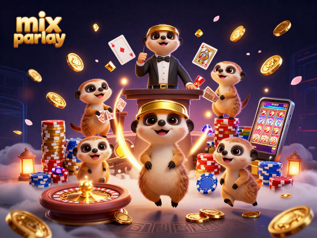Experience exhilarating mix parlay betting with meerkats running a casino operation in this vibrant 3D illustration.