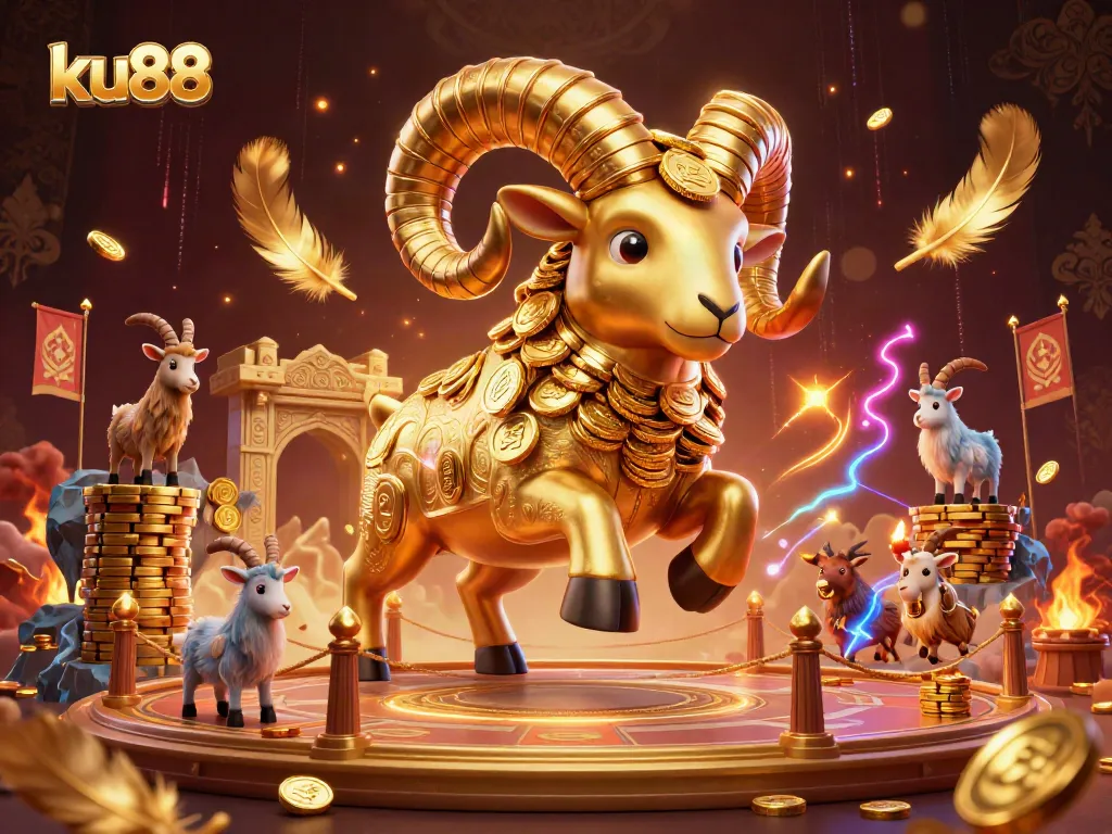 Engage with ku88's thrilling online casino experience featuring a golden ram charging through a vibrant arena.