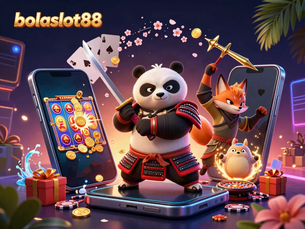 Experience exciting gameplay with bolaslot88 featuring samurai panda, ninja fox, and spirit tanuki in a vibrant casino scene.