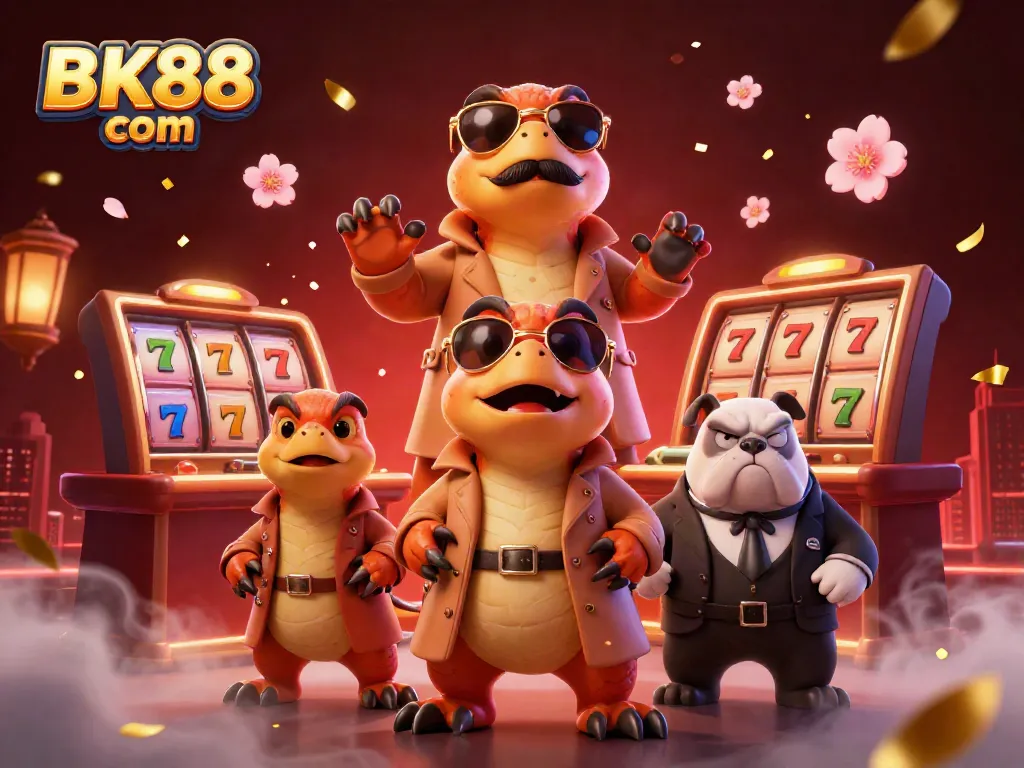 Experience excitement with three raptors in a trench coat entering a VIP lounge at BK88 com casino.