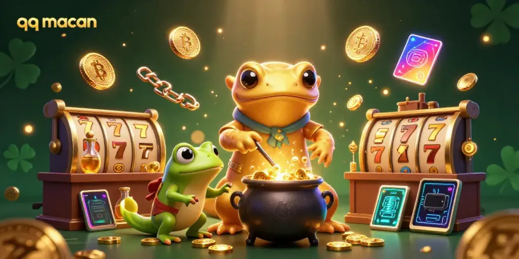 Engage with the magical world of qq macan showcasing a golden salamander alchemist and rich casino elements.
