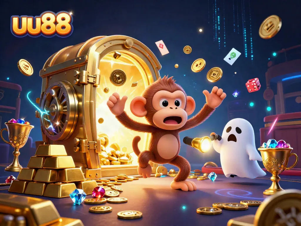 Experience the thrill of uu88 with a playful poltergeist monkey and a curious puppy in a vibrant casino scene.