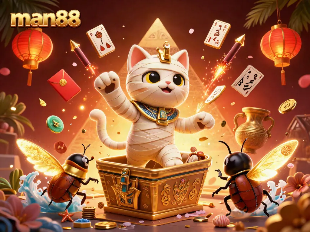 Experience excitement at man88 with a 3D mummy cat and glowing scarab in a dynamic casino scene.