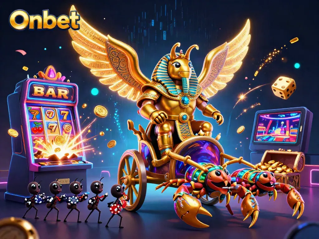 Experience thrilling wins with Onbet: a vibrant casino scene featuring a golden scarab beetle.