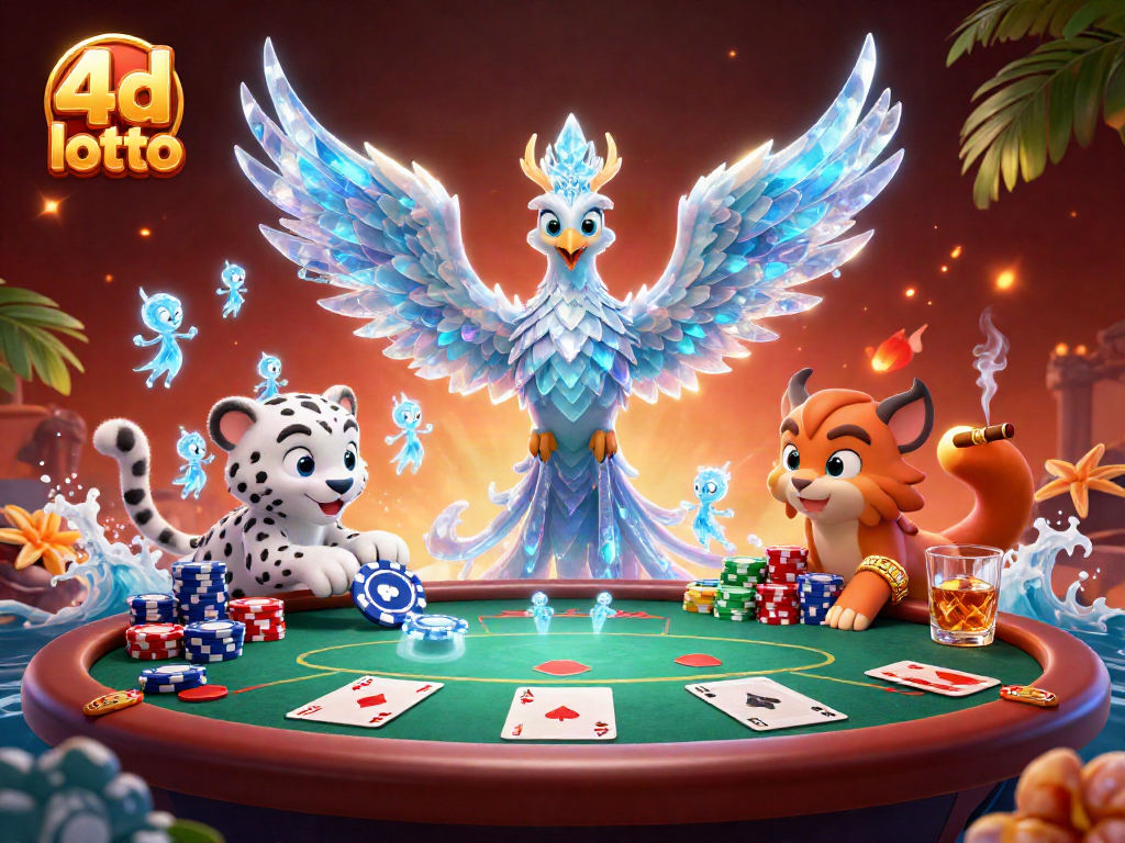 Engage in 4d lotto with a colorful and lively 3D casino scene featuring dynamic characters.