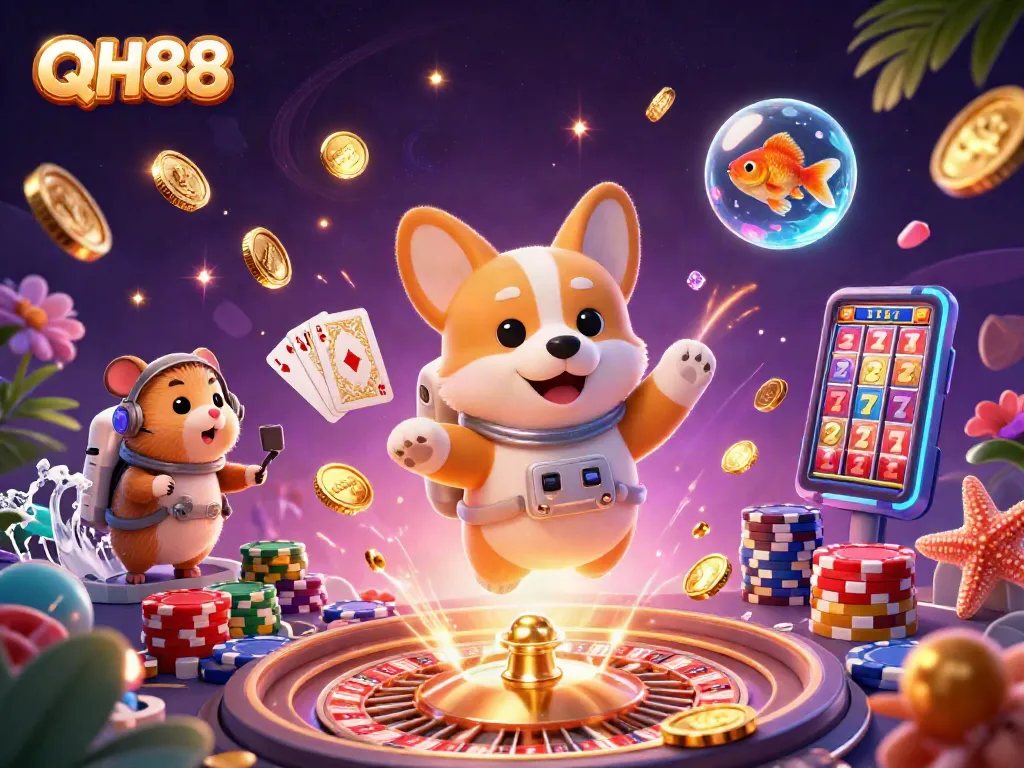 Experience the thrill of QH88 with a 3D illustration showcasing fun characters in a vibrant casino environment.