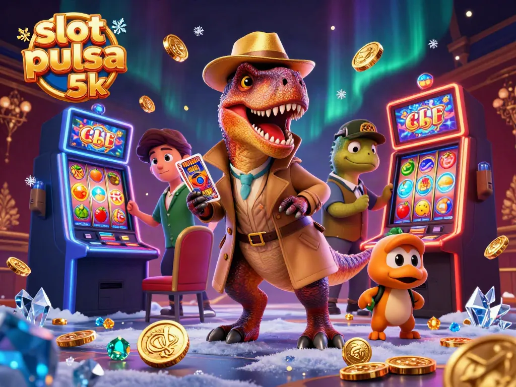 Experience thrilling gameplay at slot pulsa 5k with a vibrant velociraptor and casino scene.