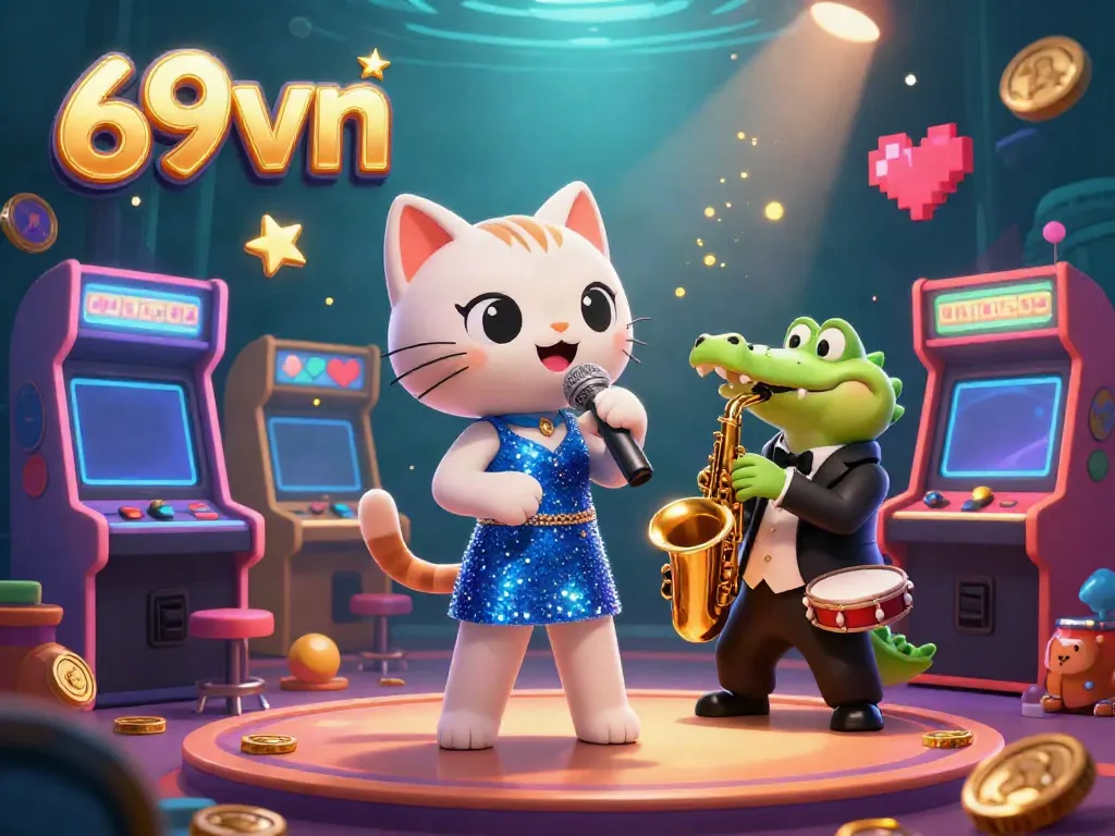 Experience the excitement of winning at 69vn with lively casino characters and game elements in a vibrant 3D illustration.