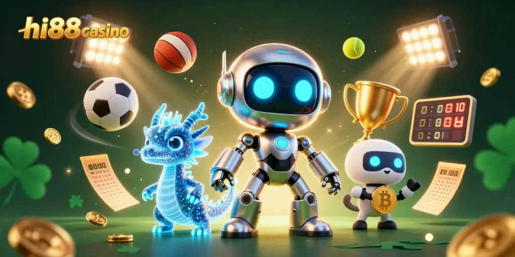 Engage in thrilling gaming action with hi88casino's vibrant 3D digital illustration featuring a futuristic robot and crypto elements.