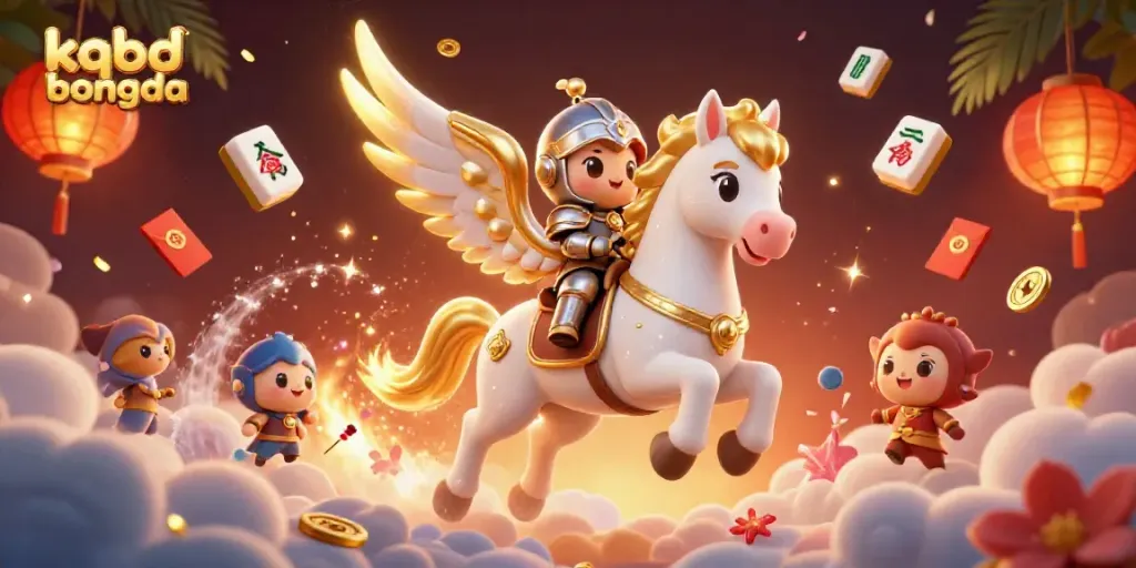 Engage in dynamic kqbd bongda action with celestial horse and armored knight amidst vibrant casino elements.