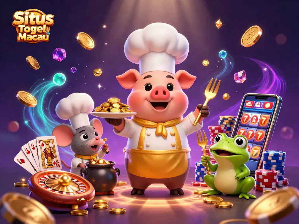 Experience thrilling wins with Situs Togel Macau, featuring a vibrant scene of cartoon characters and gaming elements.