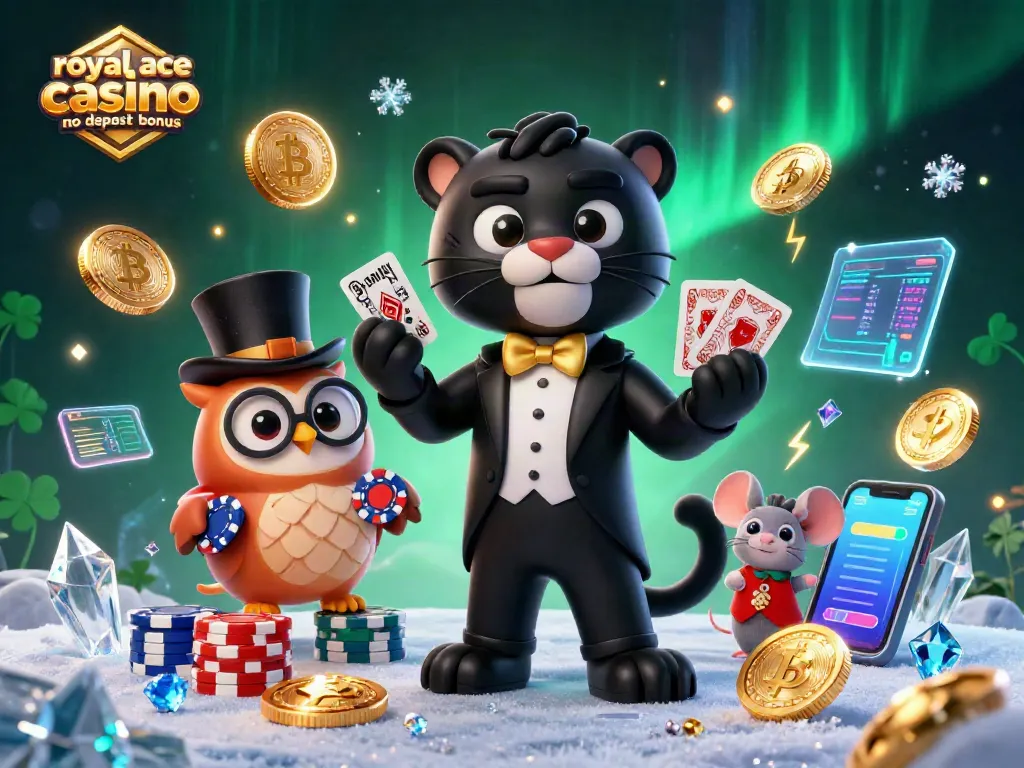 Experience royal ace casino no deposit bonus with a glamorous casino-themed illustration featuring playful characters and crypto elements.