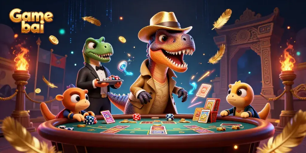 Game bai scene featuring a velociraptor card counter, stegosaurus pit boss, and playful chips pickpocketing.