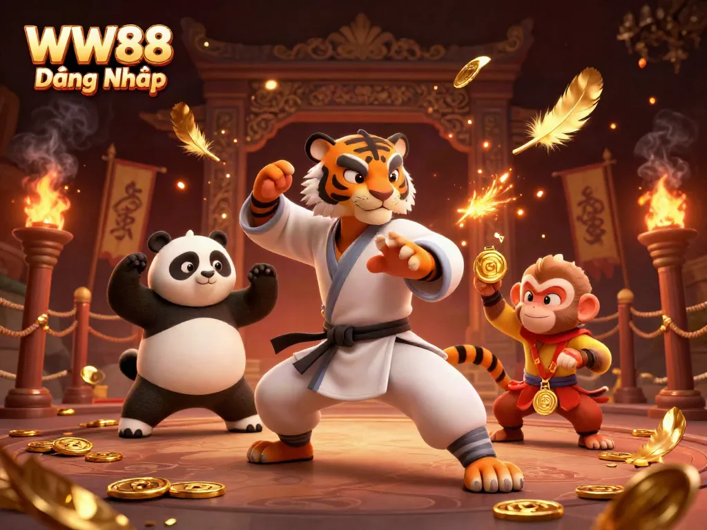 WW88 Đăng Nhập showcases a thrilling scene of a kung fu tiger master and disciples in a dynamic casino-themed environment.