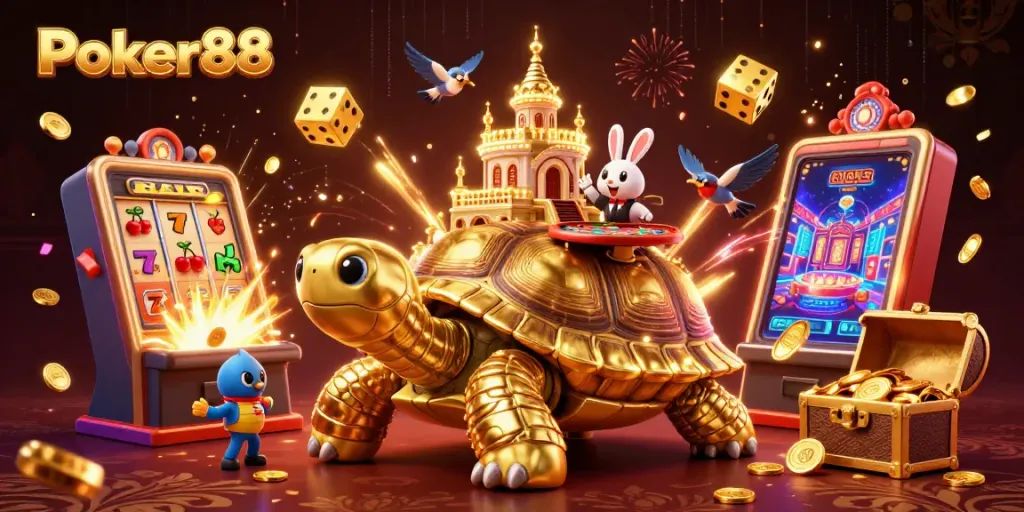 Experience the excitement of Poker88 with a vibrant 3D casino scene featuring a unique tortoise casino.