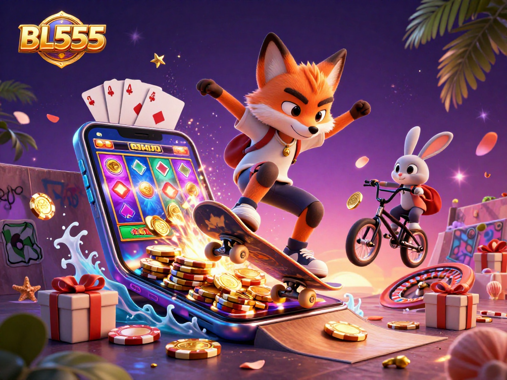 Engage in exciting gameplay with the lively scene of BL555, showcasing dynamic characters and vibrant casino elements.