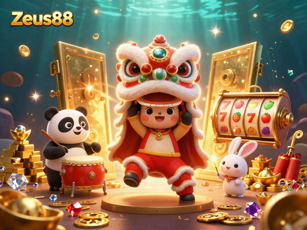Join Zeus88 for exciting slots gameplay featuring vibrant characters and a rich treasure scene.