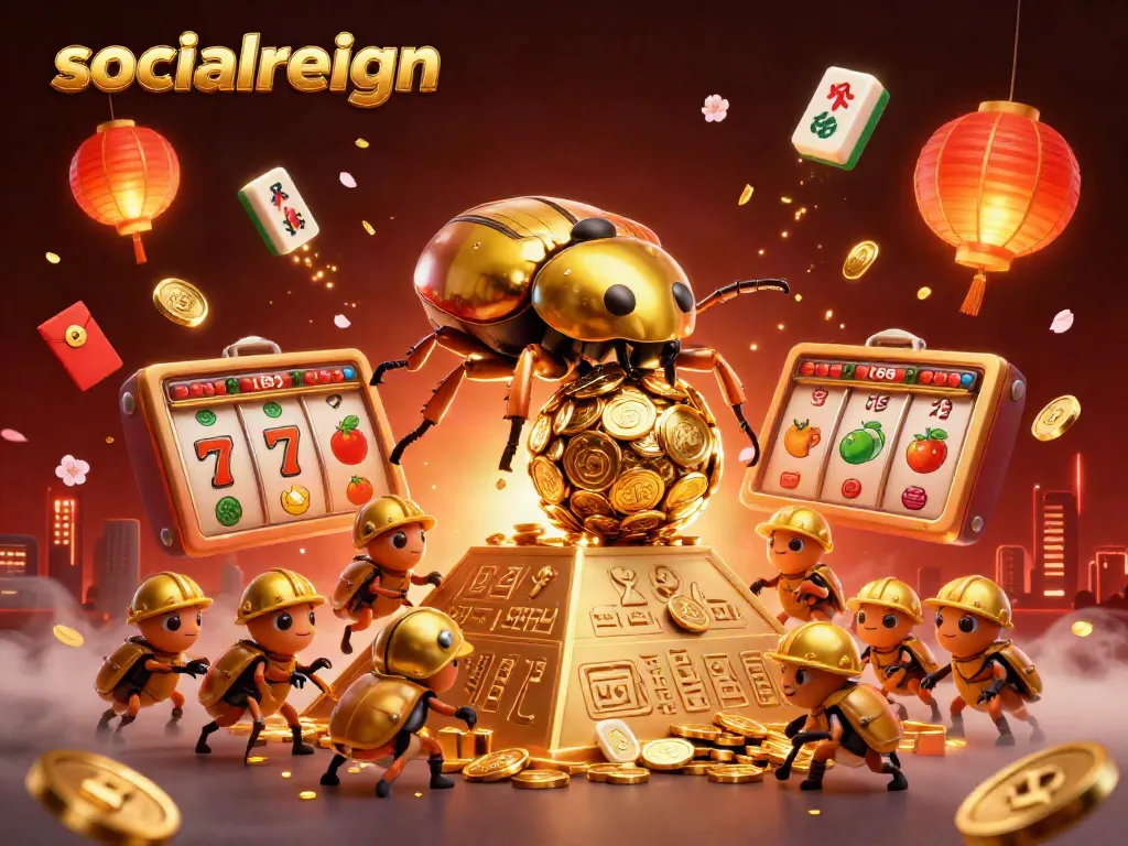 Immerse in socialreign's thrilling casino world with golden beetles and jackpot elements.