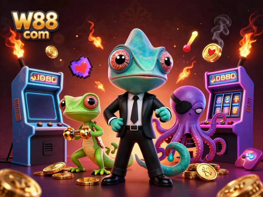 Join the excitement of W88 com as colorful game elements surround a secret agent chameleon, tech-gecko, and villainous octopus.