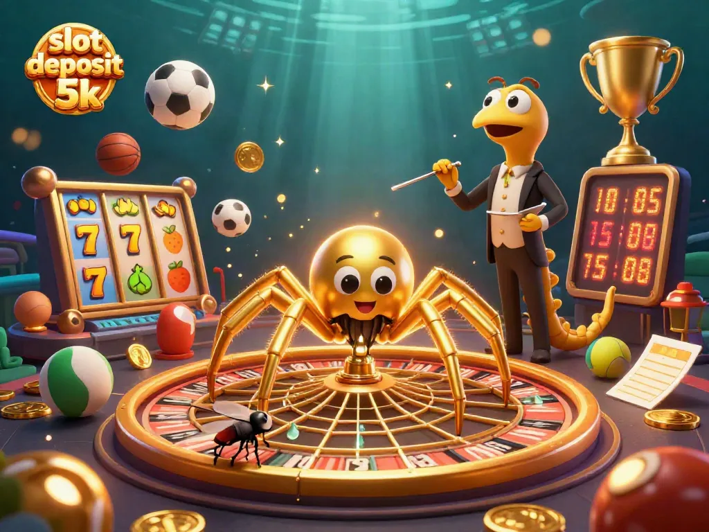 Engage in the excitement of slot deposit 5k with golden spider, roulette web, and animated gaming elements.