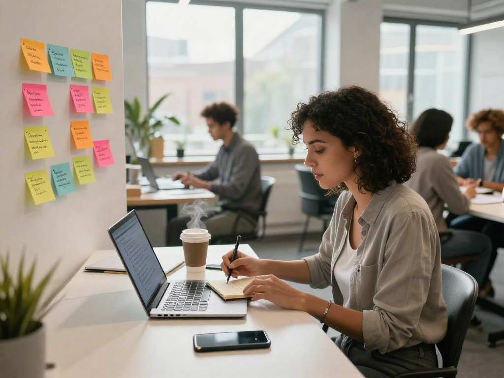 Job searching scene with a professional woman reviewing job listings, embodying หางาน opportunities in a modern workspace