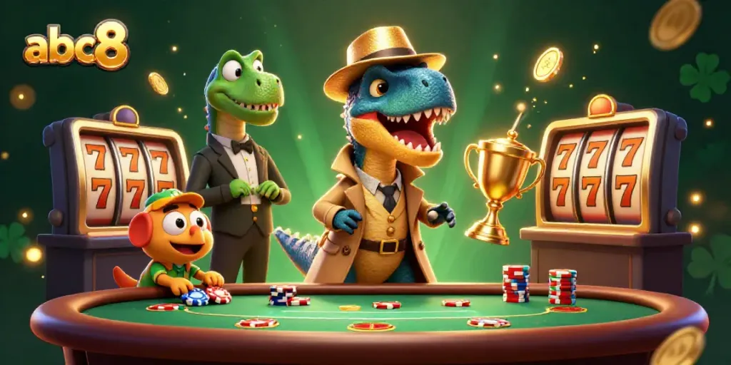 Experience the thrill of gaming at abc8 with a vibrant cartoon scene of a velociraptor at a blackjack table, surrounded by slot machines and casino elements.