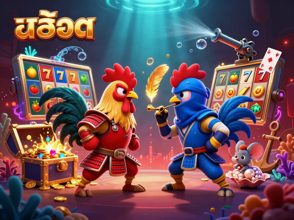 Engaging scene featuring slot themes with twin roosters in combat, showcasing excitement and action in gambling.
