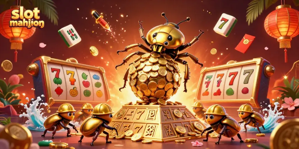 Menangkan jackpot dengan slot mahjong yang dikelilingi oleh koin emas dan simbol keberuntungan lainnya.