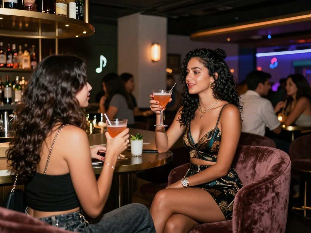 Gái gọi tạo không khí sôi động tại quán bar sang trọng, tương tác với khách hàng trong không gian ánh sáng êm dịu.