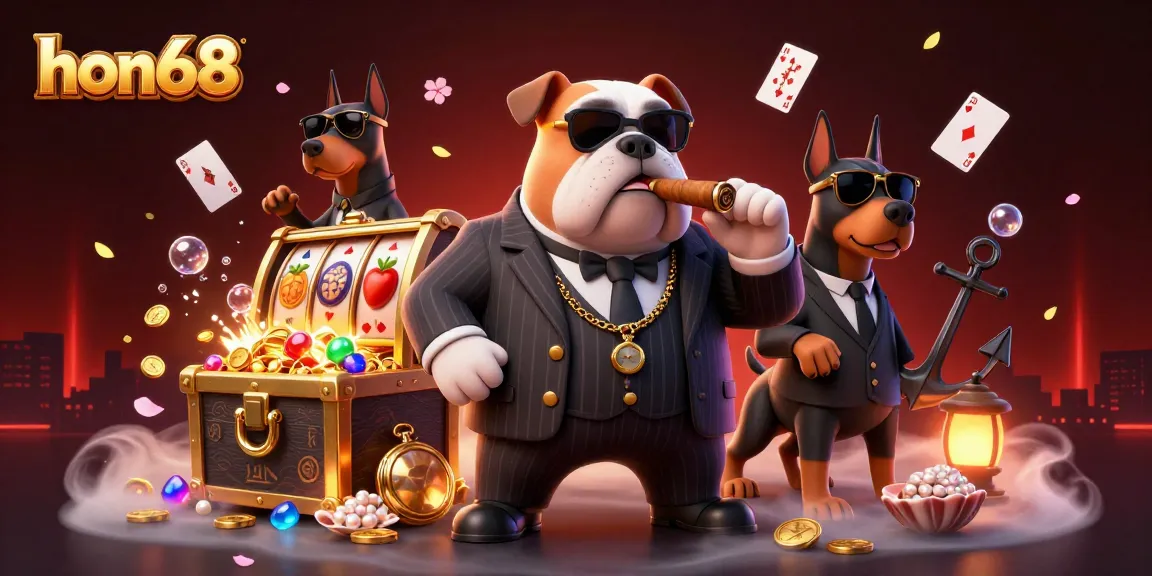 Experience the excitement of hon68 with a mafia boss bulldog and his Doberman guards amidst vibrant casino elements.
